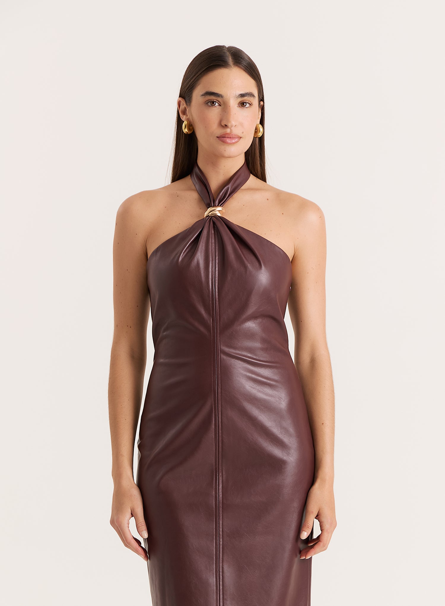 Burgundy Faux Leather Halterneck Maxi Dress- Rhea